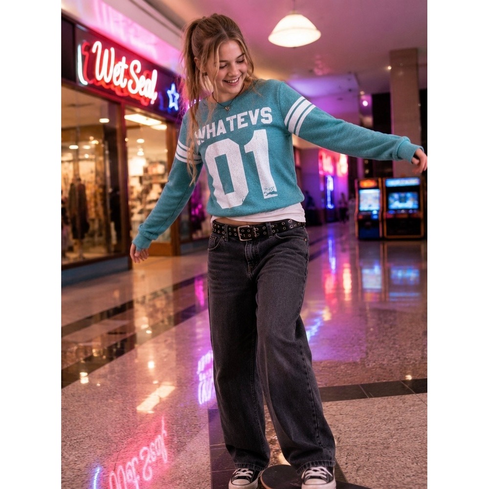 Delia's Whatevs 01 Varsity Graphic Sweatshirt Teal Blue Y2K Crewneck XS USA Made